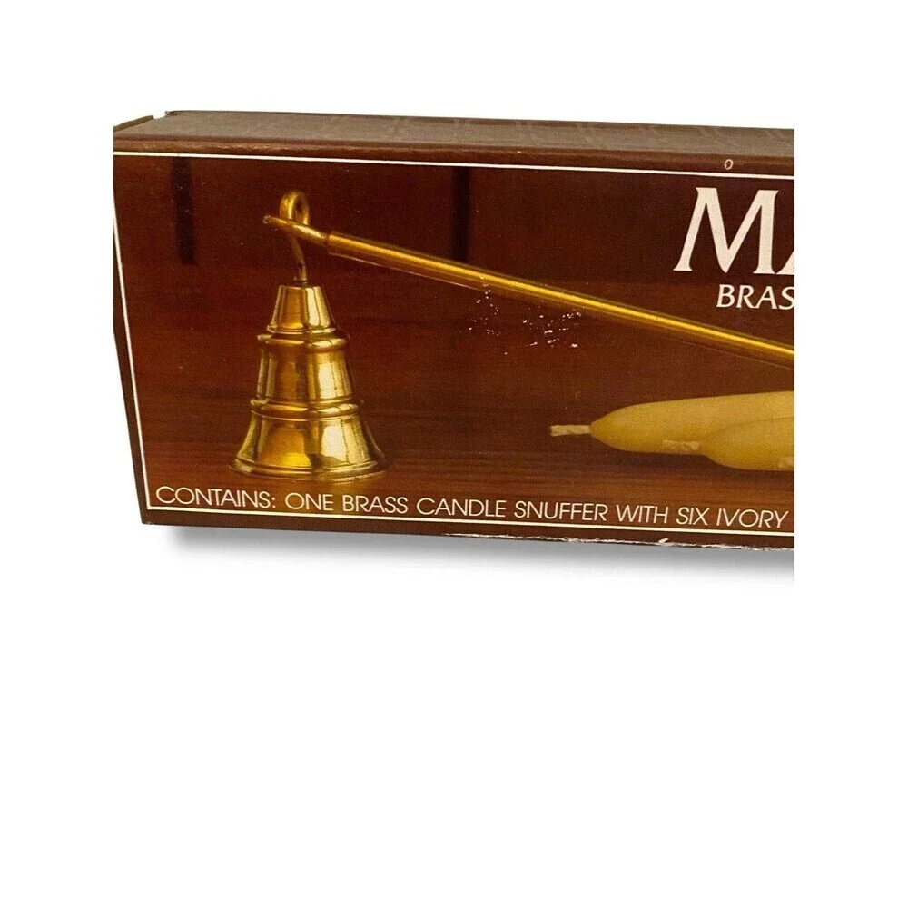Vintage Brass Wood Candle Snuffer Mariner Six Ivory 10 Inch dinner Candles W/Box